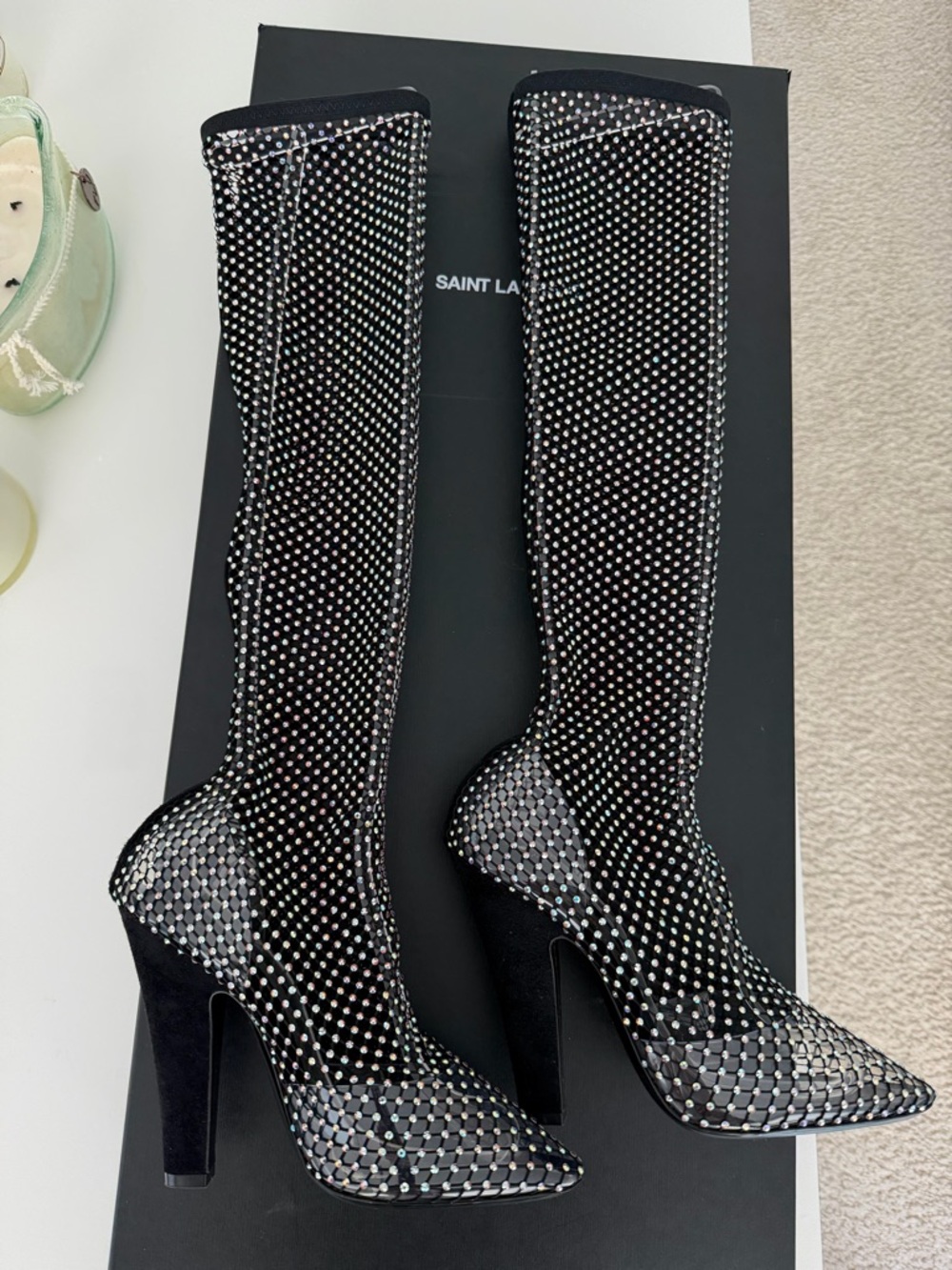 Saint Laurent Black Crystal-Studded Over-the-Knee Boots